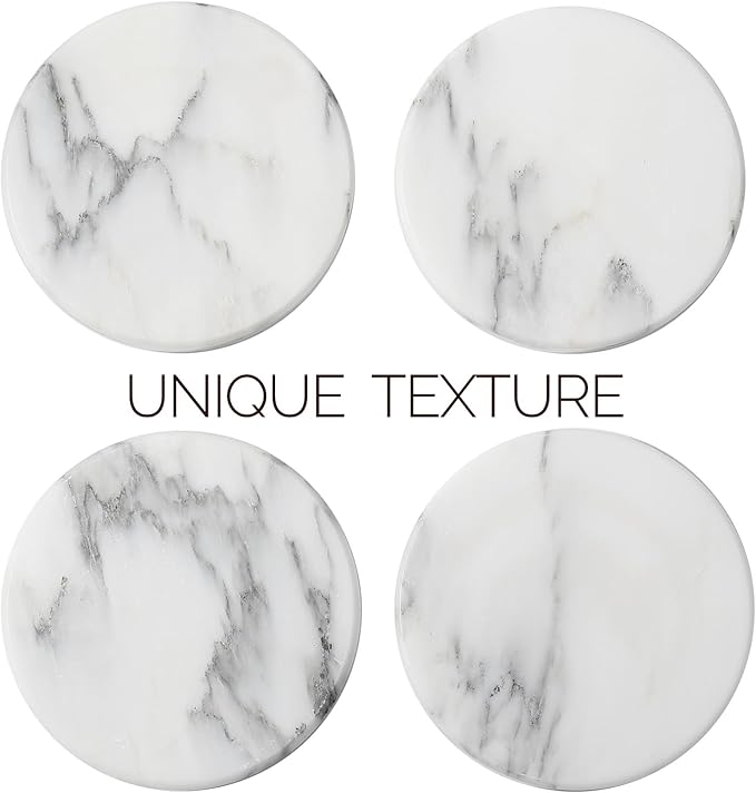 Koville Marble Coaster Set of 4, Round Coasters, 4" Stone Coaster for Drinks Coffee, Marble Coasters for Coffee Table Home Bar Decor, Heat Resistant, Gift Choice(Arabescato)