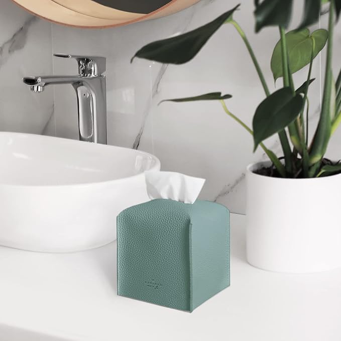 Carrotez Tissue Box Cover, [Refined] Modern PU Leather Square Tissue Box Holder - Decorative Holder/Organizer for Bathroom Vanity Countertop, Night Stands, Office Desk & Car 5"X5"X5" - Mint