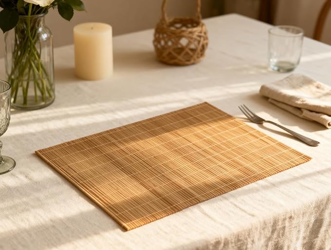8-Pack Bamboo Placemats,Woven Heat-Resistant Rectangular Table Mats,Natural Dining Place Mats, Rustic Japanese Style Wood Mats for Indoor Dining,Kitchen and Party Use, Coffee