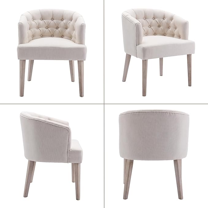 Mid-Century Dining Chairs Set of 2, Tufted Upholstered Linen Dining Room Chairs Comfy Side Chair Armchair Guest Chair with Wooden Legs for Dining Room Living Room, Beige