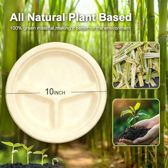 Disposable Plates, 10 Inch,100pack,3 Compartment, Biodegradable, bagasse,sugarcane,Natural Color, Round Shape,100 Count