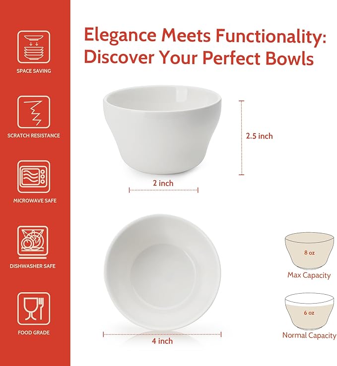 Sweese Set of 6 Porcelain Bouillon Cups, White High-Grade Durable Professional, 6.0 Count