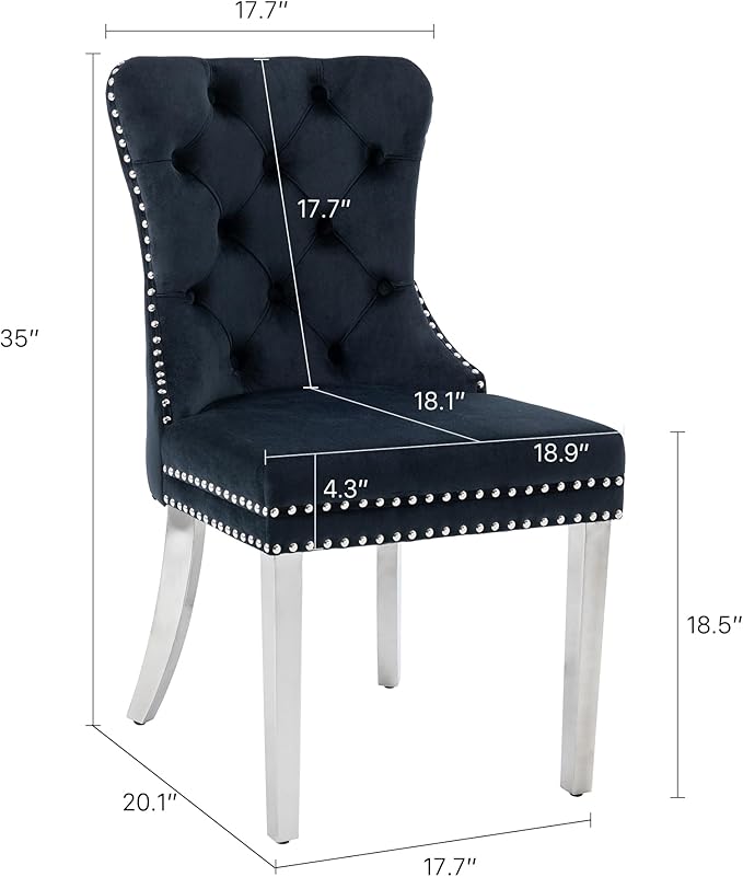 KCC Velvet Dining Chairs Set of 4, Upholstered High-end Tufted Dining Room Chair with Nailhead Back Ring Pull Trim Stainless Steel Legs, Contemporary Nikki Collection Modern Style for Kitchen, Black
