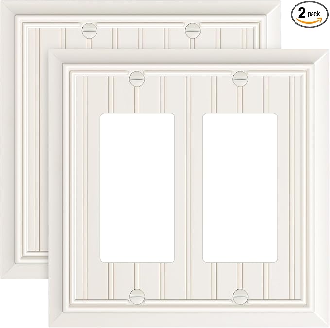 2-Pack Classic Beadboard Decorative Double Decorator Outlet Cover Plate, Light Almond Durable Natural Bamboo Fiber Wall Plates for Electrical Outlets, Receptacle, GFCI Outlet, Dimmer Switch, 2-Gang