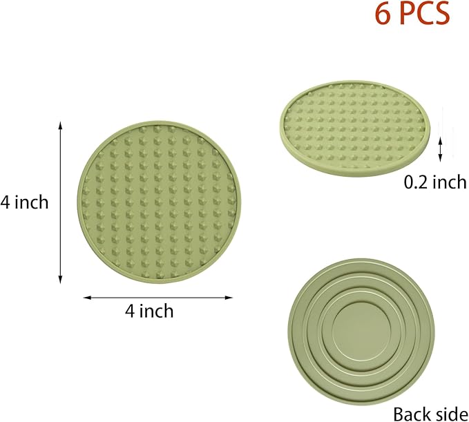 Set of 6 Silicone Coasters, 4'' Drink Coaster with Holder, Round Coasters for Drinks Beer Coffee Home Office Bar Desk Tabletop Protection, Non-Slip Rubber Coaster (Green, 6 Pcs-Metal Holder)