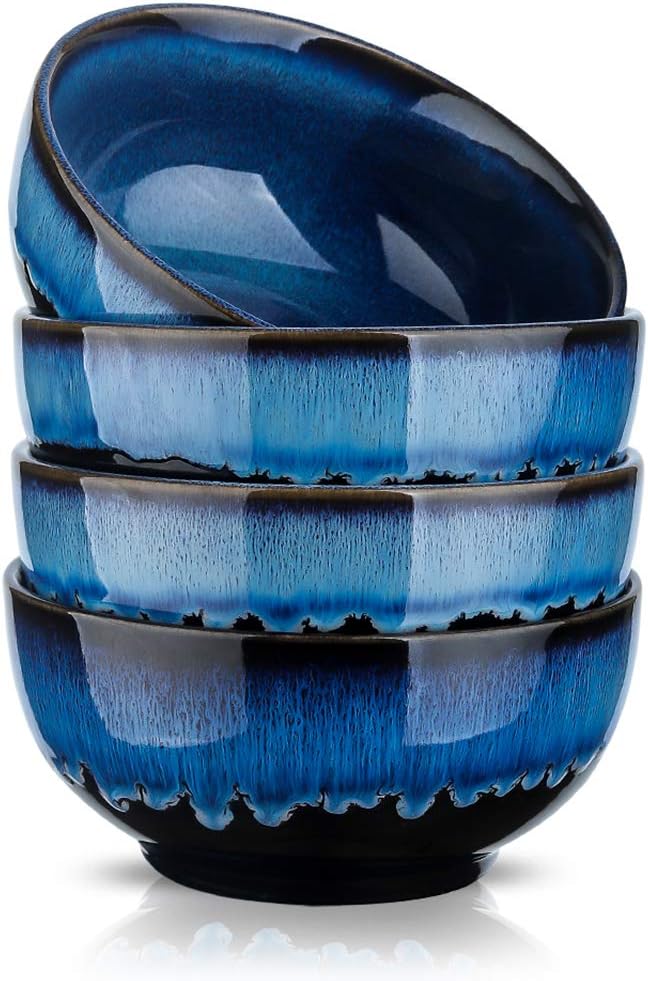 KOOV 24 Ounce Soup Bowl Set, Porcelain Cereal Bowls Microwave And Dishwasher Safe, Ceramic Kitchen Bowls For Oatmeal Breakfast, Chip, Rice, Reactive Glaze Set of 4 (Nebule Blue)