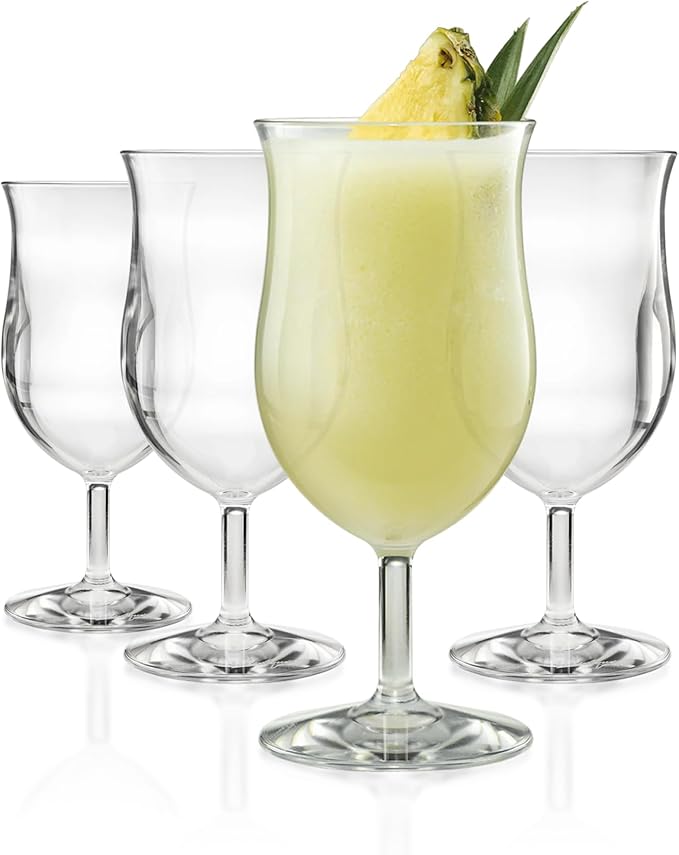 DRINIQUE 13oz Unbreakable Hurricane Cocktail Glass (Set of 4) Shatterproof Tropical Tritan Plastic Cup - Clear