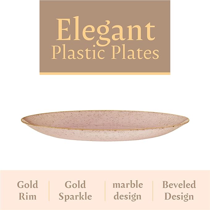 PLASTICPRO 30 Pack Disposable Plastic Plates Heavyweight Granite Look Elegant 9 inch Dinner Plates Pink with Gold Rim