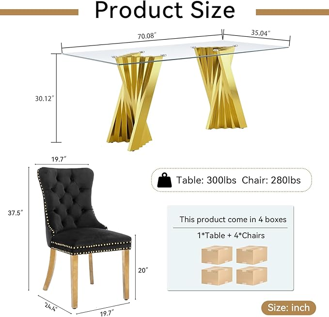 5 Piece Glass Dining Table Set,70" Dinner Room Glass Table Set for 4,Modern Kitchen Dinner Table Set with Stainless Steel Base and 4 Upholstered Velvet Dining Chairs for Living Dining Room