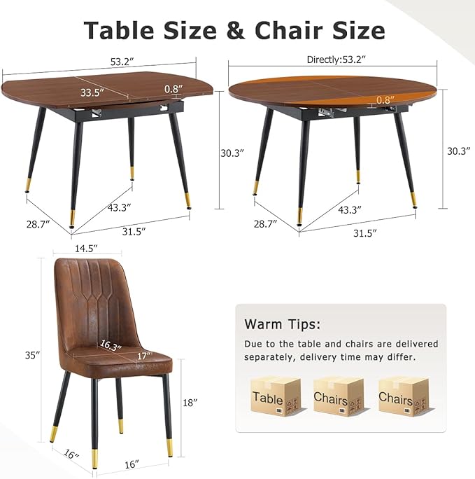 53” Round Dining Table Set for 6｜7 Piece Wood Dining Table Set｜Extendable Dining Room Table with 6 Chairs｜Walnut Wooden Tabletop with Metal Legs｜Easy Assembly｜Space Saving｜for Kitchen, Living Room