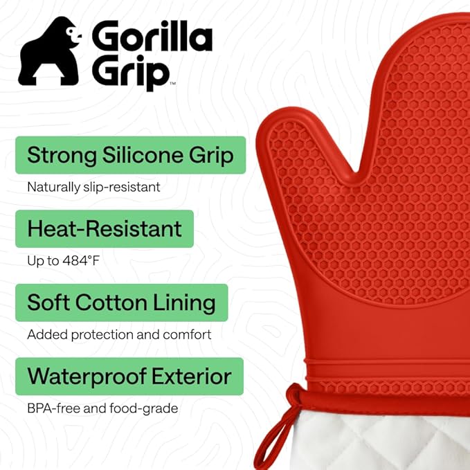 GORILLA GRIP BPA-Free Soft Silicone Oven Mitts, Heat Resistant and Waterproof Cooking Gloves, Thick Cotton Lining, Flexible Gripping for Baking Grilling, Kitchen Potholders Set of 2, 12.5x8.3, Coral