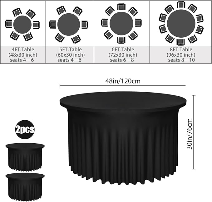 2 Pack 48" Diameter x 30" Height Black Table Skirt | Fits 4FT Round Tables |Polyester Spandex Round Table Cloths with Skirt|Stain 、Wrinkle Resistant、 for Wedding,Party,Dining,Banquet