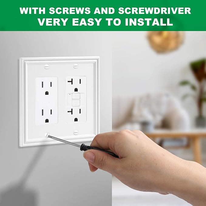 White Modern Decorative Wall Plate Light Switch Cover Decorator Outlet Covers Rocker Switch Plates Bamboo Fiber Material Wall Plates for Kitchen Bathroom (2 Gang Double Decorator-2 Pack)