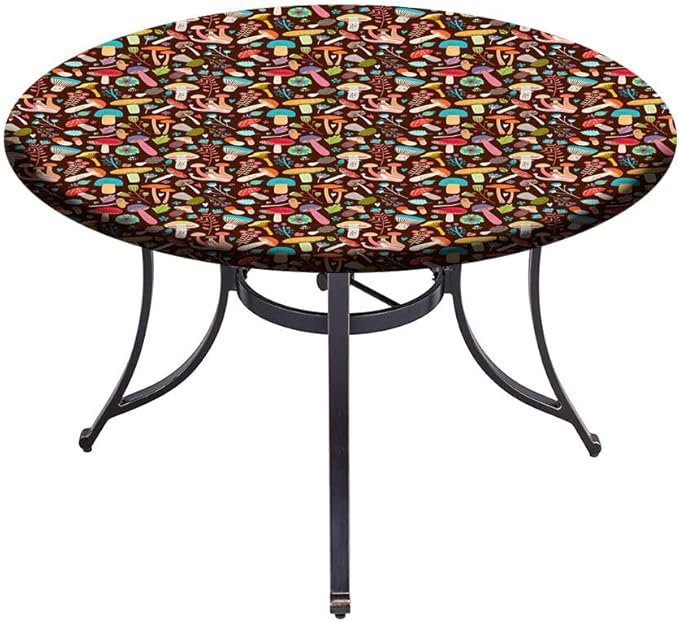 Small Round Tablecloth, Mushrooms Washable Polyester Table Cloth for, Attractive Various Cartoon Leaves and Mushrooms Graphic, Fit Round Tables 61inch, for Holiday Dining Table, Dinner, Party
