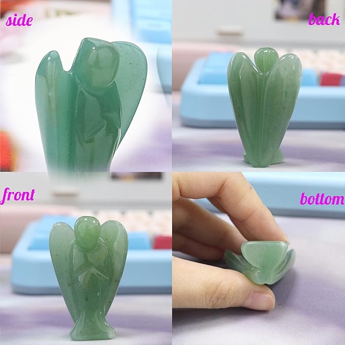 YATOJUZI 2" Green Aventurine Angel Decor Healing Crystals Polished Natural Stone Sculpture Statue Hand Carved Cute Figurines Energy Reiki Home Room Office Desk Decoration Guardian Gifts for Women Men