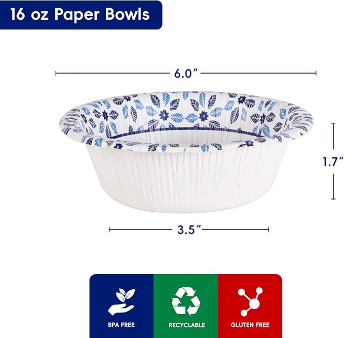 JOLLY CHEF 16 oz Paper Bowls 156 Count Soak Proof, Heavy Duty Printed Disposable Small Bowls Bulk for Dinner or Thanksgiving