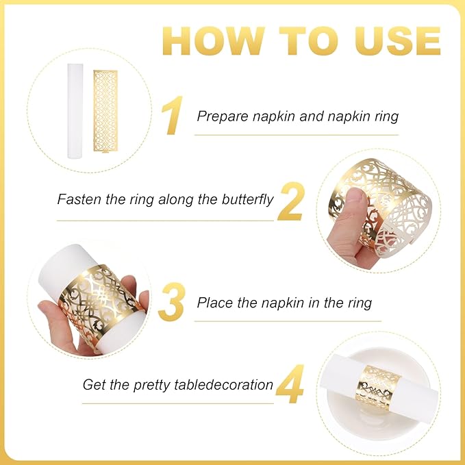 uxcell 100Pcs Napkin Rings Laser Cut Foil Paper, Napkin Holder Hollow Napkin Bands for Weddings Party Serviette Table Decoration Restaurant (One-Sided Reflective Gold Tone, 5.3 x 1.6)