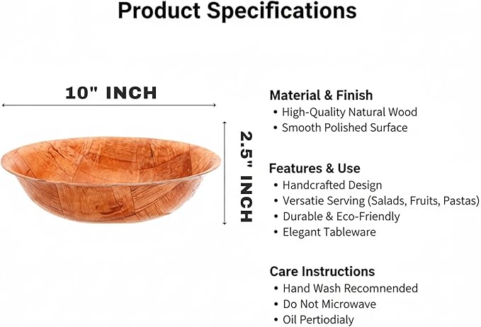 Fonteme|Winco 10-inch Wooden Serving Bowl, Set Of 6 | Round | Stackable | EZ To Wash | Great For Salads, Fruits, Snacks, And More [6PK]