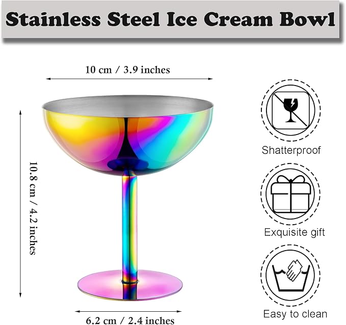 Ice Cream Bowls Stainless Steel Dessert Cups with Spoons Reusable Footed Sundae Cups Ice Cream Cups for Dessert, Frozen Yogurt, Gelato, Birthday Party Decorations (1, Colorful)