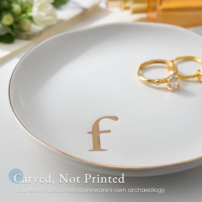 Lolalet Handmade Ceramic Ring Dish Jewelry Tray Plate with Initial, Small Monogram Gift for Her Women Girls Mother, Hostess, Engagement, Bridal Shower, Maid of Honor, Bridesmaid, Birthday, Christmas
