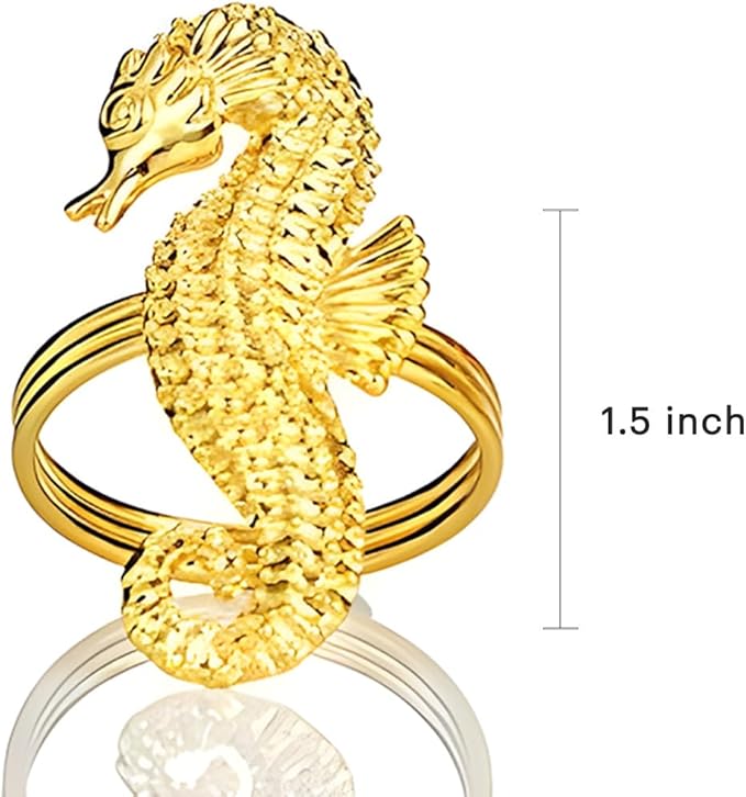 Decozen Set of 12 Gold Napkin Rings in Sea Horse Design, Festive, Table Decor Setting for Holiday, Wedding, Birthday, Kitchen, Home Decor, Housewarming Gift - Mothers Day Decorations