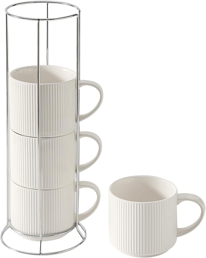 HASENSE 15oz Coffee mugs Set of 4,Stackable Ceramic Coffee Mug with Rack,Porcelain Coffee Cups for Latte,Cocoa, Americano, Hot Tea and Milk,Vertical Striped,White