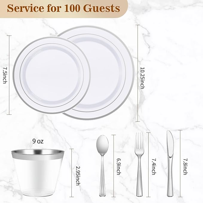 BESTVIP 700 PCS Silver Dinnerware Set for 100 Guests, Plastic Dinnerware Set for Party, Wedding, Christmas, Include: 200 Plastic Plates, 100 Silver Silverware, 100 Cups, 100 Paper Napkins