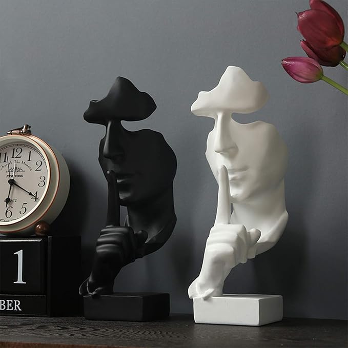 aboxoo Silence is Gold Thinker Statue, Modern and Simple Resin Things, Creative Abstract Figurine Sculptures for Entrance, Creative Room Home, Office Study, Piano Decor (White)