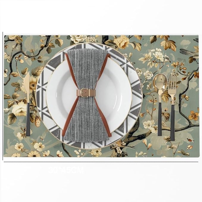 12"x18" Vintage Blue Grey Flower Bird Tree Plants Forest Placemats Set of 4 Washable Thick Place Mats Kitchen Table Mats Decorative Linen Fabric Table Mat for Dining Table Kitchen Home Decor