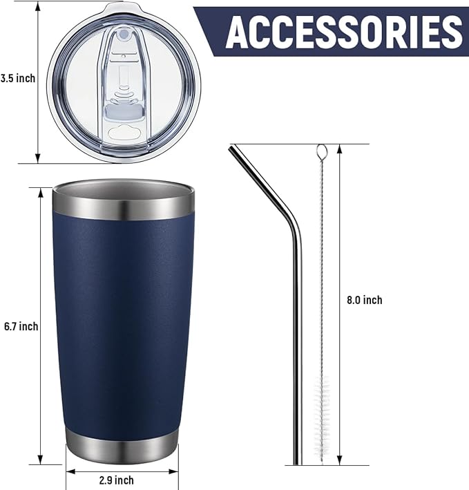 COMOOO 20oz Double Wall Vacuum Insulated Travel Mug, Stainless Steel Tumbler with Lid and Straw Durable Powder Coated Insulated Coffee Cup for Cold & Hot Drinks (Navy. 2 pack