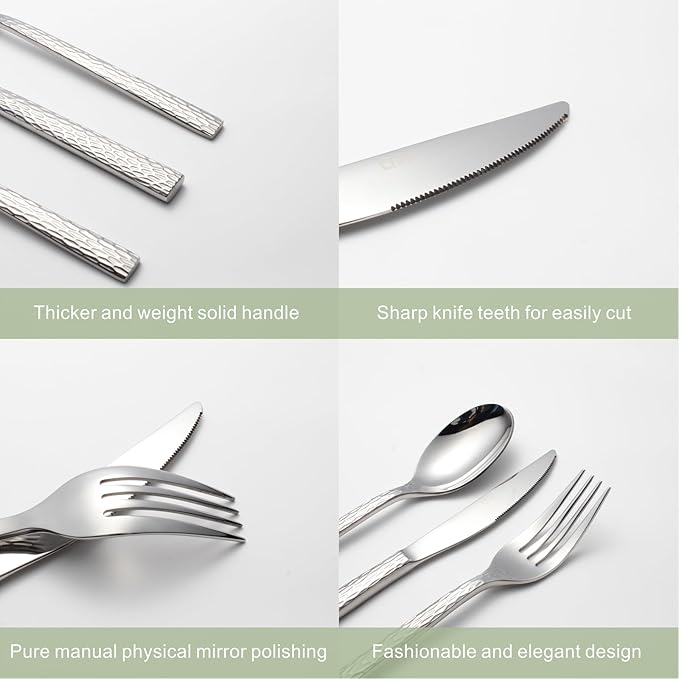 Hammered Silverware Set for 4, 20-Piece Stainless Steel Flatware Cutlery Set, Includes Dinner Knives,Dinner Forks, Tea Spoons, Dinner Spoons, Salad forks, Mirror Polished - Dishwasher Safe