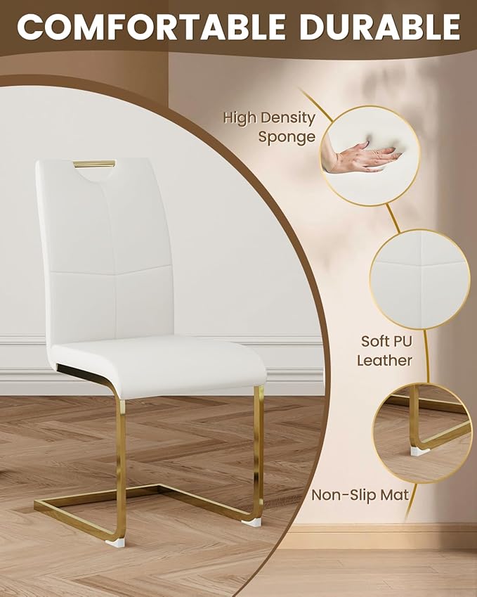 38.9" Round Glass Dining Table Set for 4, Modern 5 Piece Kitchen Table Set with Gold Stainless Steel Base & 4 PU Leather Accent Chairs, Saving Space, Dining Set for Apartment, Home - White Chair