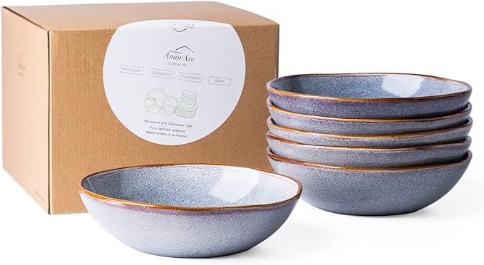 AmorArc Ceramic Cereal Bowls Set of 6, 24 oz Handmade Stoneware Bowls Set for Cereal Soup Salad, Stylish Kitchen bowls for Meal, Dishwasher & Microwave Safe, Reactive Glaze Gray Blue