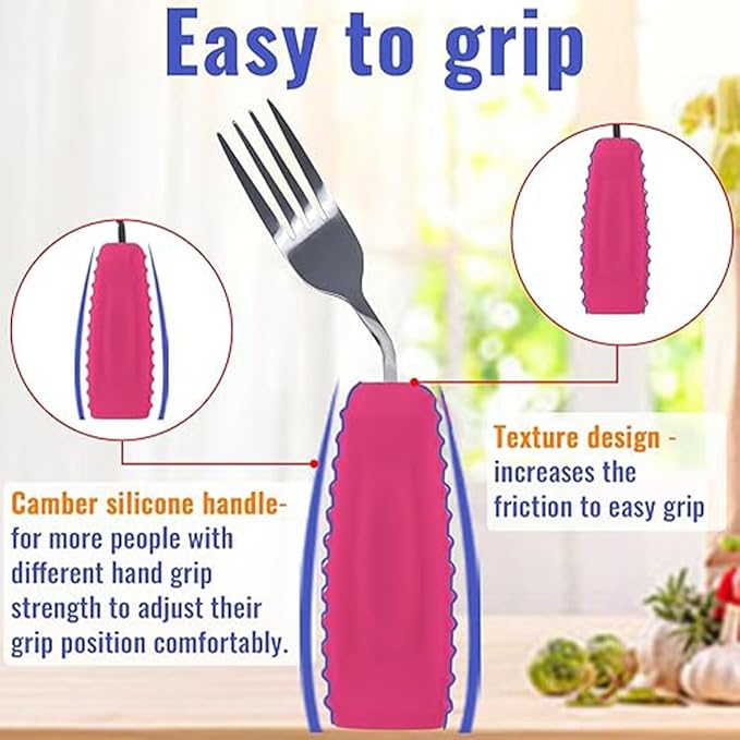 Adaptive Utensils for Hand Tremors,Arthritis and Parkinsons -Weighted Silverware with Non-Slip Handle to Easy Grip,Eating Flatware for Elderly Use (Right Hand 1 pc Fork+1 pc Spoon=2 pcs,Pink)