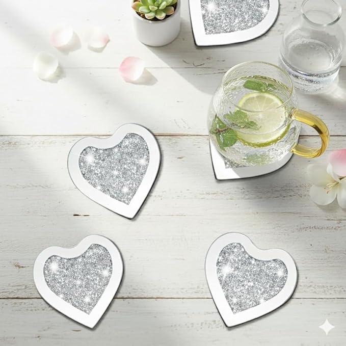 Crushed Diamond Crystal Glass Mirrored Heart Love Coasters Set of 4 Glittering Bling Silver TRENDZY ® Drink Wine Coasters for Home Kitchen Bar & Restaurant Home Decor Birthday Wedding (Heart)