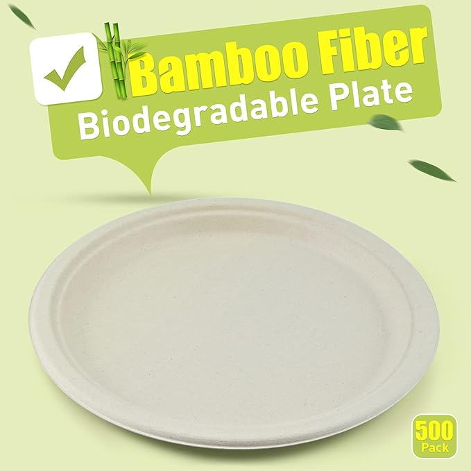 Green Earth, 10-Inch, 500-Count, Compostable Plates, Natural Bamboo Fibers, Everyday Tableware - Biodegradable Disposable Round Shape Microwave-Safe Gluten-Free Eco-Friendly