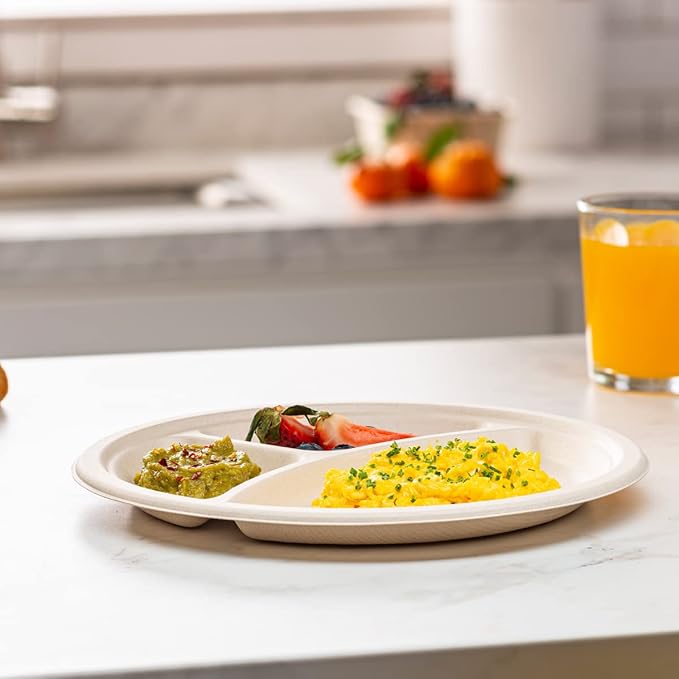GUSTO [10 Inch - 125 Count Heavy-Duty 100% Compostable, 3 Compartment Eco-Friendly, Kraft Disposable Sugarcane Paper Plates - Brown Unbleached (Formerly Comfy Package)