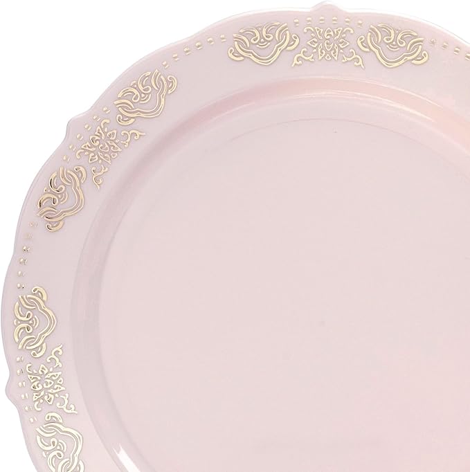 " OCCASIONS " 240 Plates Pack,(120 Guests) Vintage Wedding Party Disposable Plastic Plates Set-120x10.25'' Dinner +120x7.5'' Salad/Dessert Plate (Portofino Light Pink/Blush & Gold)
