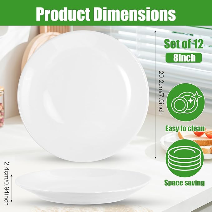 12 Pcs 8 Inch Ceramic Appetizer Plates, Round Dessert Plate Set, White Porcelain Serving Plate for Cake Snacks Bread, Microwave & Dishwasher Safe