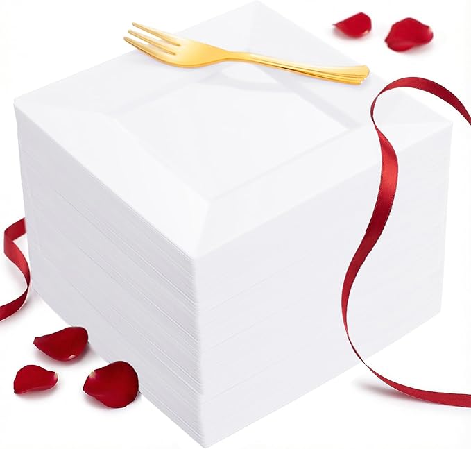 supernal 200Pcs White Dessert Plates,White Disposable Square Plates for 100 Guests, Including 100 Plastic Appetizer Plates and 100 Dessert Forks for Party Valentine's Day Afternoon tea