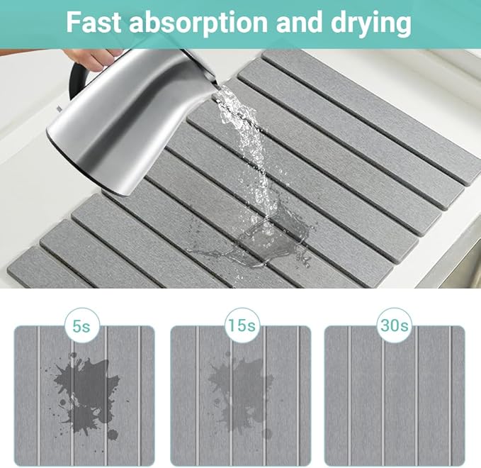 Large Stone Dish Drying Mat - Eco-friendly, Instant Drying, Diatomaceous Earth Mat, Foldable & Super Absorbent, 24"x16", Gray