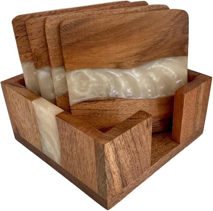 Resin Coasters - Modern Elegant Epoxy Coaster Set with Holder for Office or Bachelor Pad