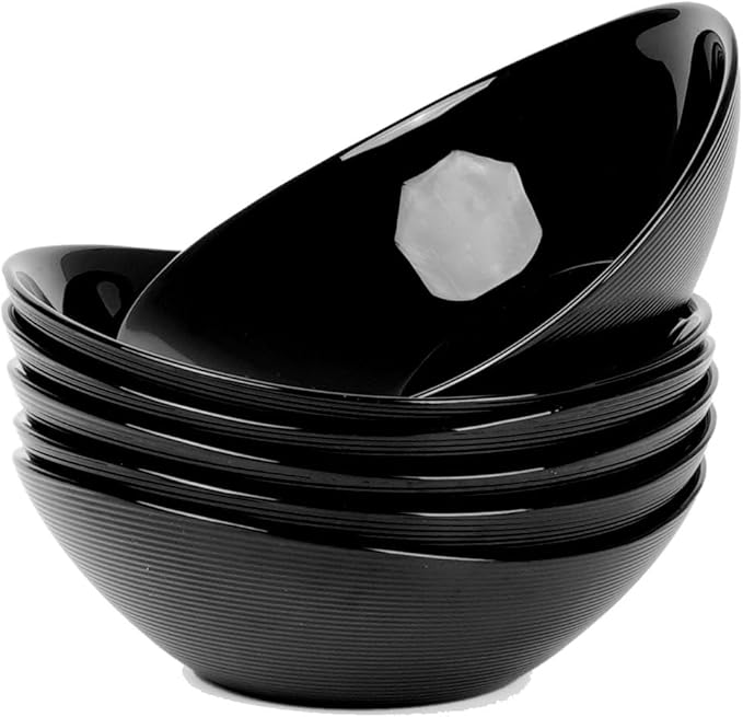 12 OZ Bowl Set of 6, Opal Glass 6 inch Oval Small Ice Cream Bowls for Breakfast Snack Dessert, Side Dishes, Fruit Kitchen, Microwave & Dishwasher Safe, Black