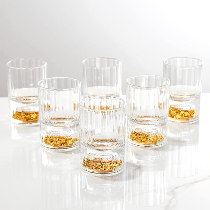 SIYOUKI Crystal Shot Glasses 1.7oz Set,Decorated With 24K Gold Leaf Flakes,Lead-Free,Handmade Set Suitable For MaoTai,Spirits,Drinks Tastin,Gift-Box Packaging (6pcs)