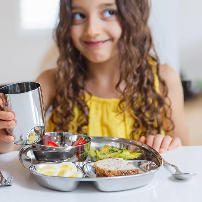 Ahimsa Stainless Steel Kids Dinnerware Set, Pediatrician Designed, 5 Piece Toddler Plates and Bowls Set, Stainless Steel Divided Plate, Cup and Kids Utensils