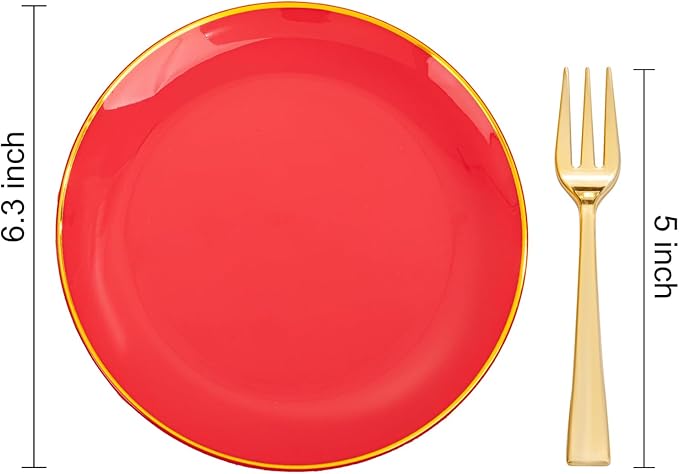 Festiva 200Pcs Red Gold Dessert Plates 6.3" with Plastic Forks 5"-Small Disposable Plates- Dessert/Cake/Appetizer Plastic Plates include 100Plates 100Forks for Birthday Party&Valentine's Day