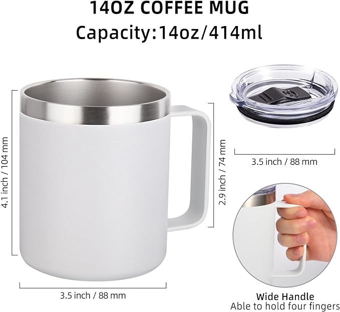 Volhoply 14oz Insulated Stainless Steel Coffee Mug with Lid Bulk 4 Pack,Double Wall Vacuum Travel Coffee Cup with Handle,Reusable Cups Tumbler,Camping Mugs Keep Hot,Ideal Gifts(Assorted,4)