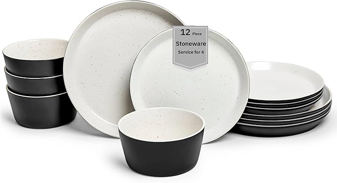 Sango 12-Piece Stoneware Dinnerware Set for 4, Modern White & Black Plates and Bowls Sets with Speckled Glaze, Durable Kitchen Ceramic Dish Set, Microwave & Dishwasher Safe Everyday Dishes, Stockholm
