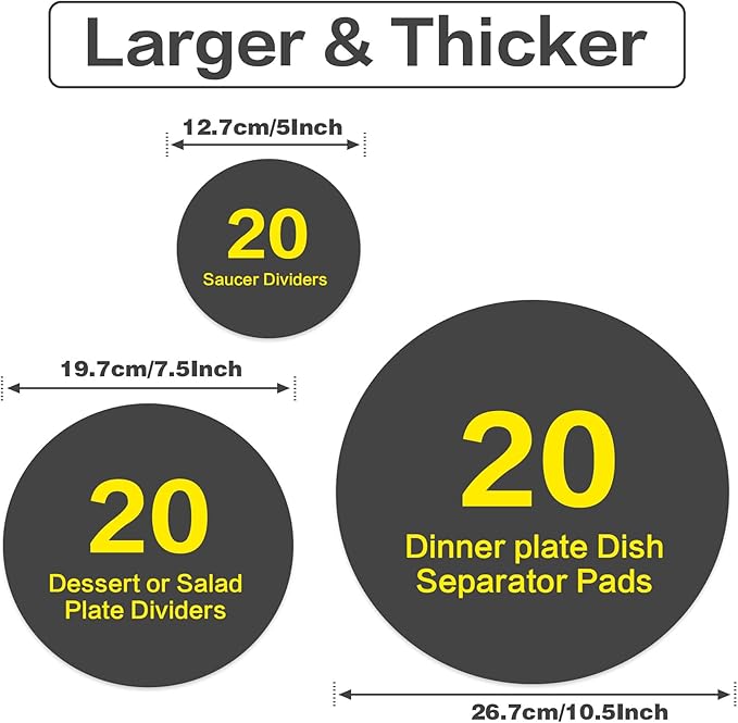 Imncya Plate Separators Storage, Set Of 60 And 3 Different Size, Thick and Premium Soft Felt Plate Dividers For China, Dish, Coffee Saucers Protecting and Stacking - Grey