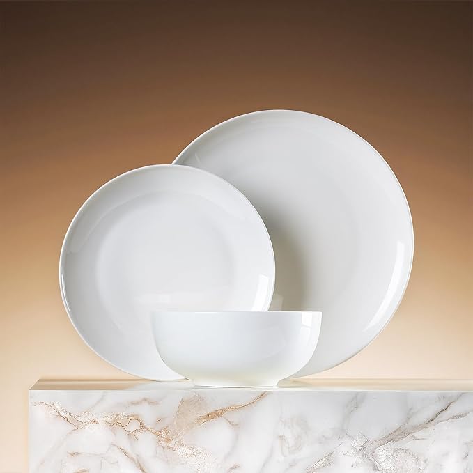 KINGSTONE Bone China Dinnerware Sets, 24-Piece Dinnerware Set for 8, Lightweight Durable, Microwave and Dishwasher Safe, Tableware for Daily Use with Elegant Design, White